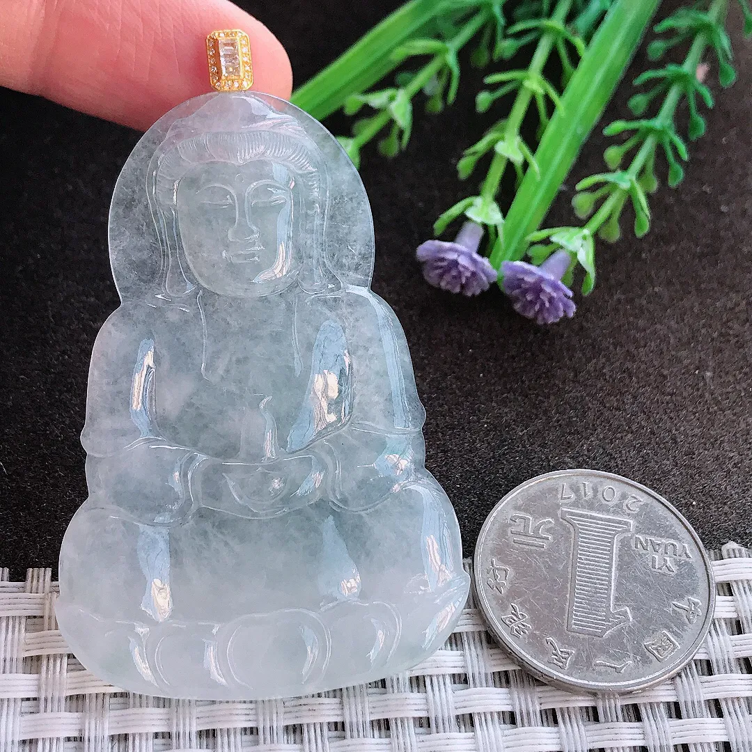 实拍A货翡翠59.5/39.8/4.2老坑冰透起胶白冰观音吊坠翡翠挂件