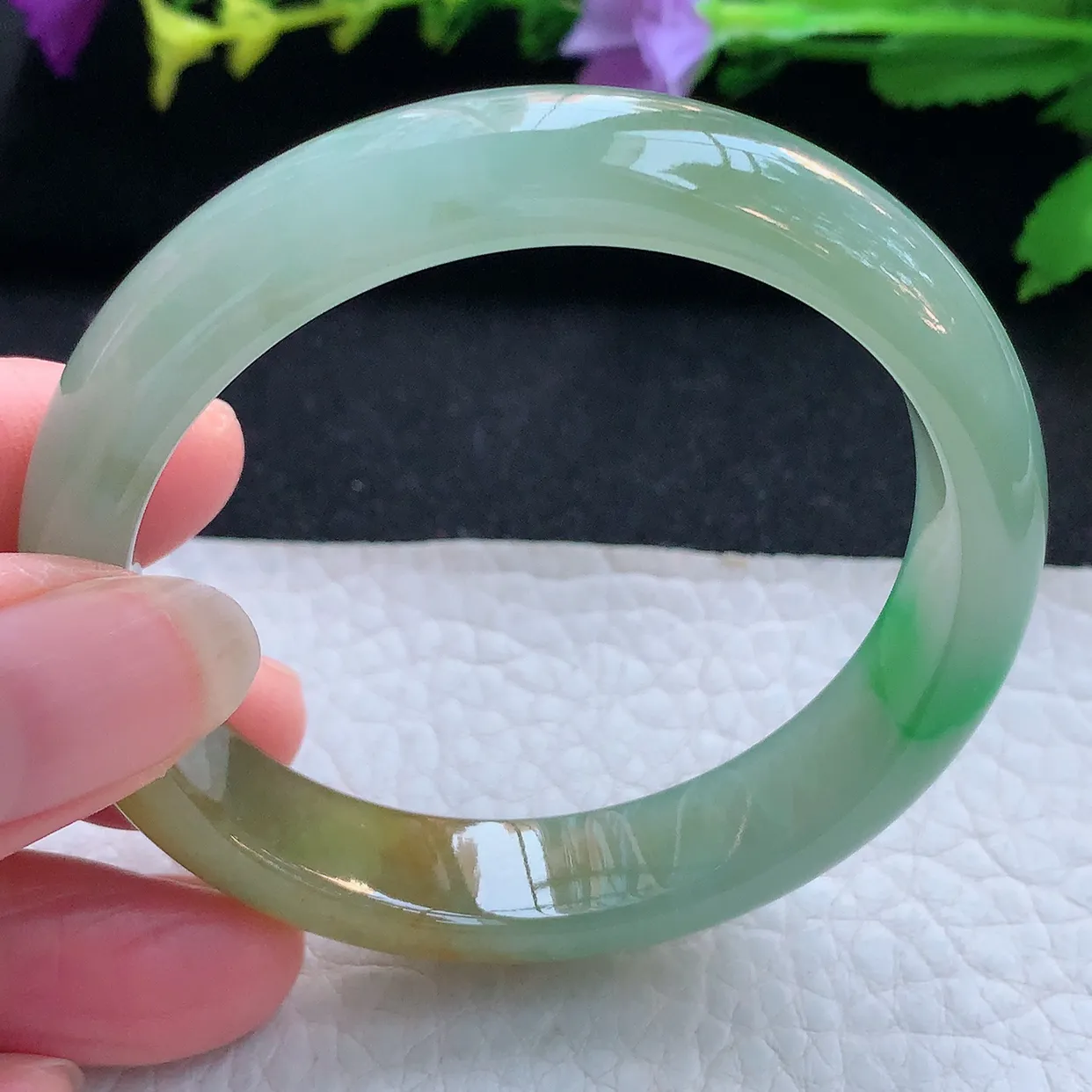 h小圈口52.5*11.6*7平安镯 天然缅甸翡翠玉手镯冰三彩宽边玉手环