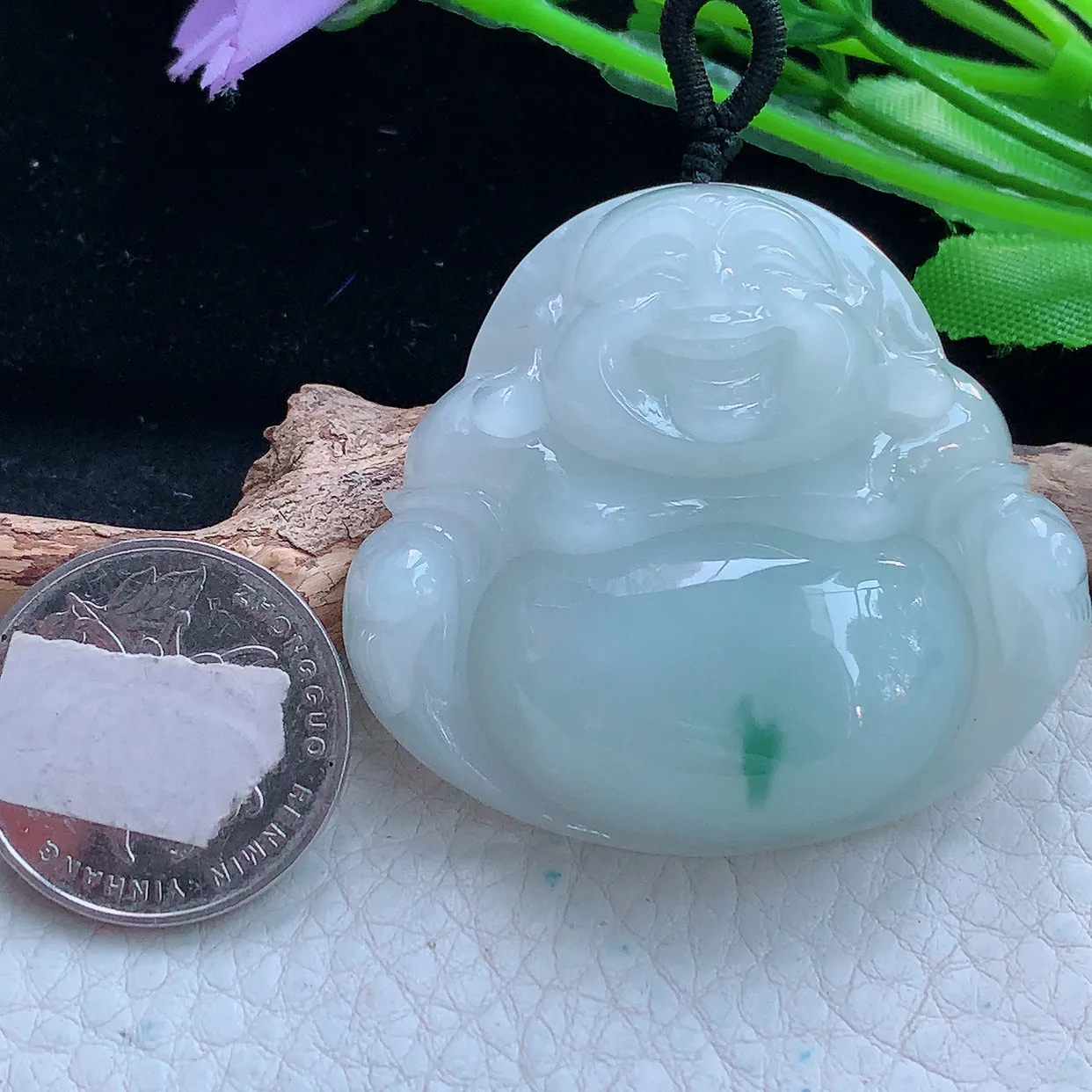 px实拍44.6*49.6*12.5缅甸翡翠精雕飘花饱满大佛公 弥勒佛玉挂件 毛衣坠