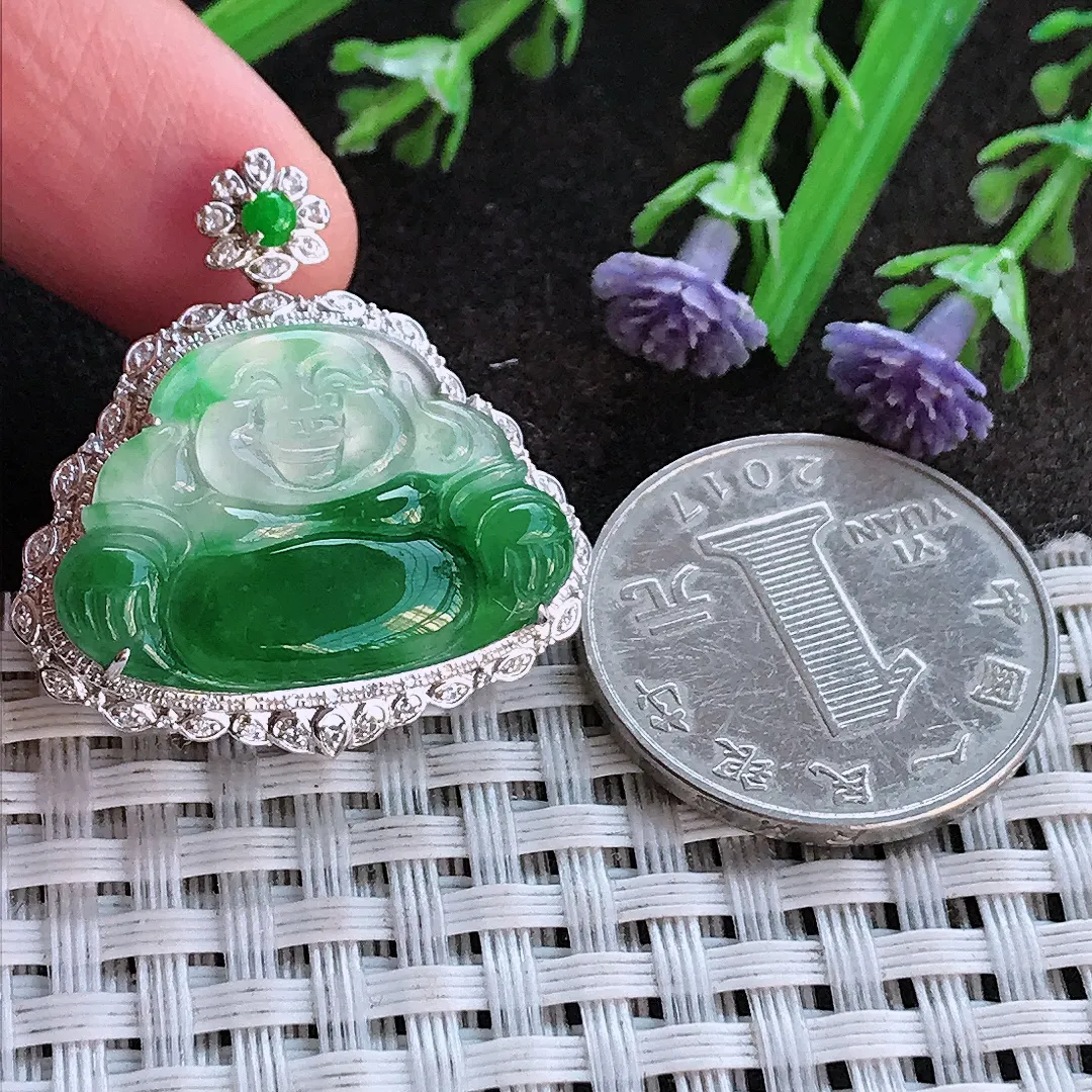 实拍A货翡翠30.6/29.8/8老坑18k金镶嵌冰阳绿佛公吊坠翡翠挂件