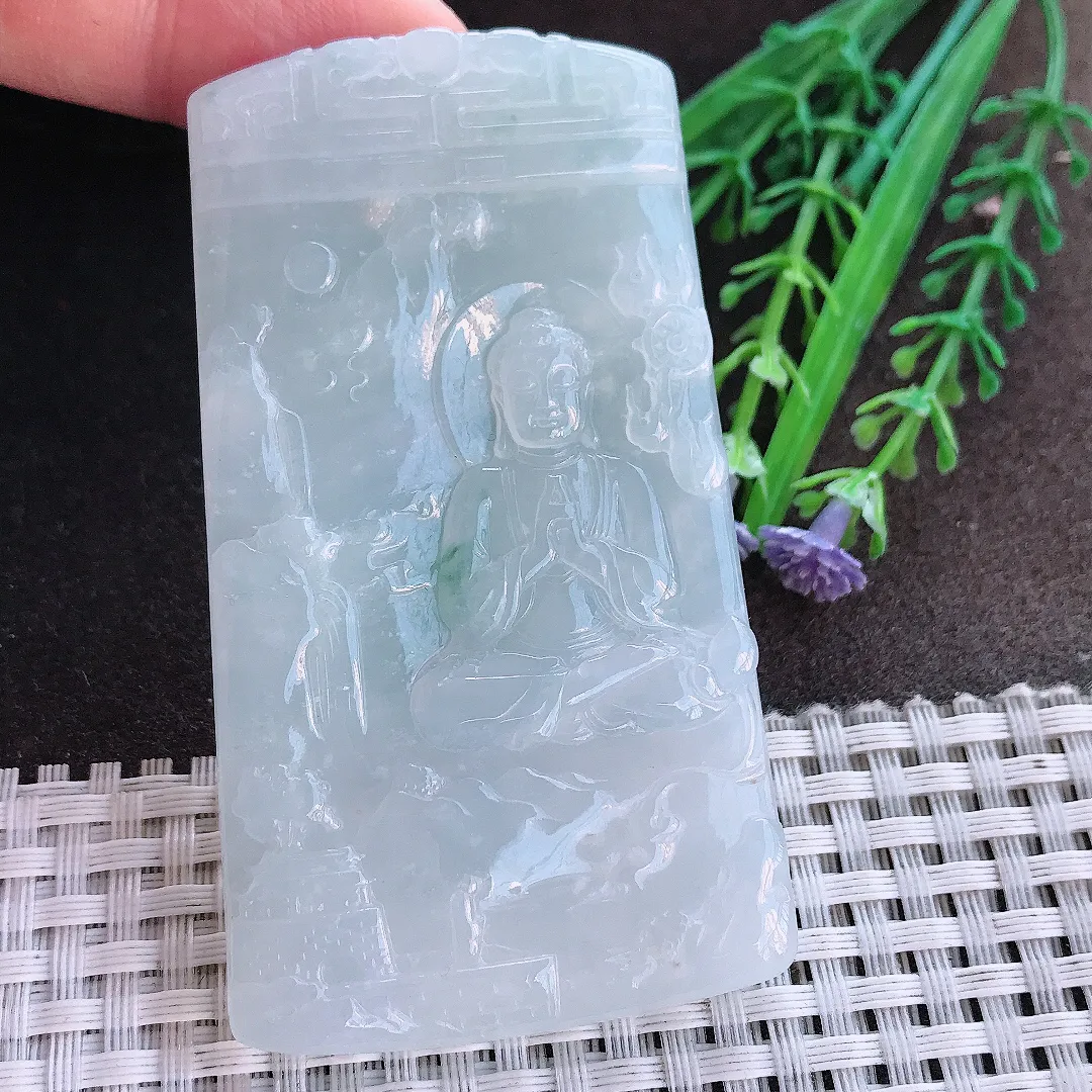 实拍A货翡翠76/42/5.4老坑冰润起胶大日如来佛祖吊坠山水如来