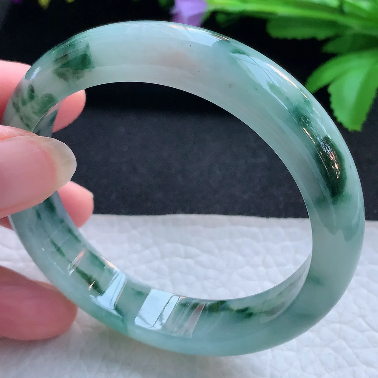 nr实拍56.5*13*8平安镯 天然缅甸翡翠玉手镯冰飘蓝花厚装宽边玉手环