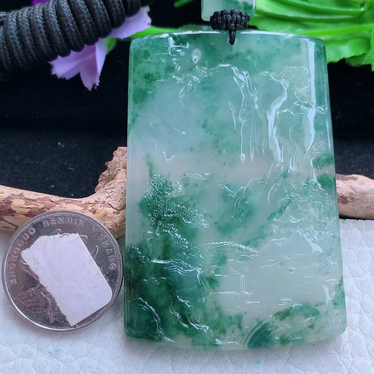 yl实拍65.8*45.2*5.8缅甸翡翠精雕冰飘花山水 大好河山玉挂件