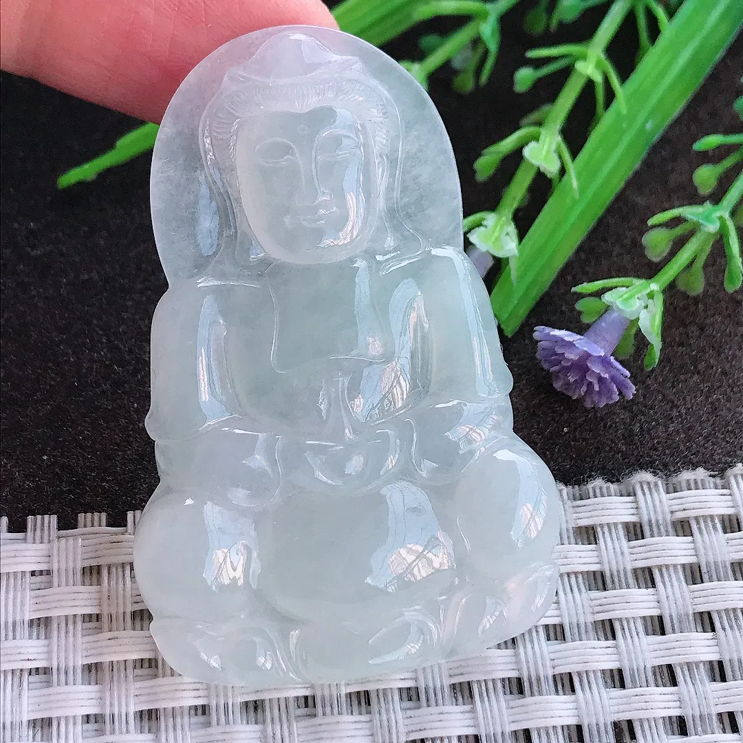 实拍A货翡翠52.5/34.3/4.8老坑冰透起胶正装观音吊坠翡翠挂件