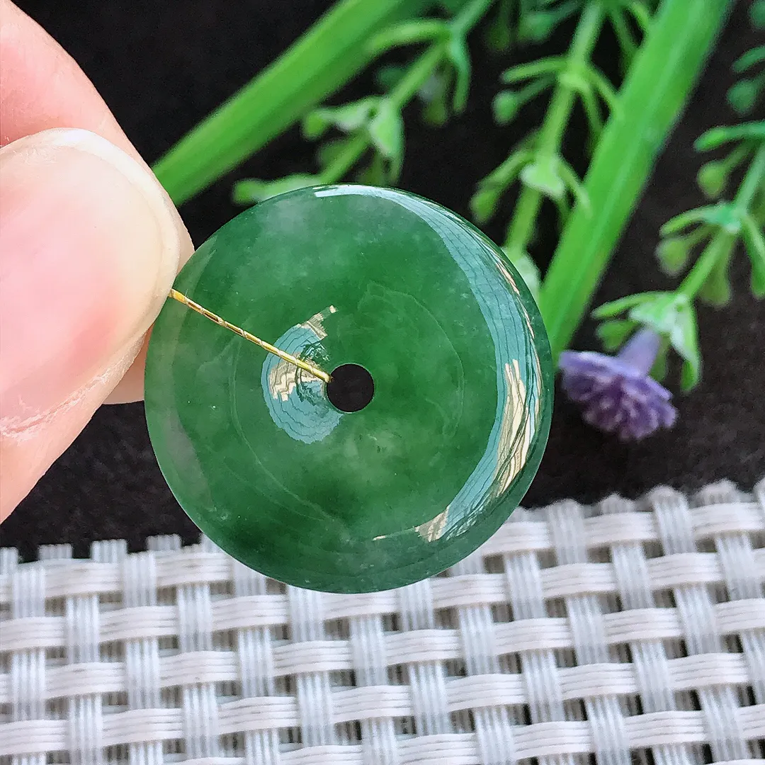 实拍A货翡翠24.8/4.7老坑冰润满绿平安扣吊坠翡翠挂件玉扣