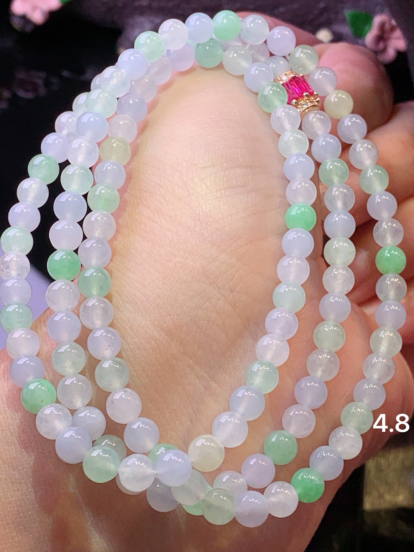 冰种绿圆珠项链 玉质细腻 色泽艳丽清新 整体尺寸4.8