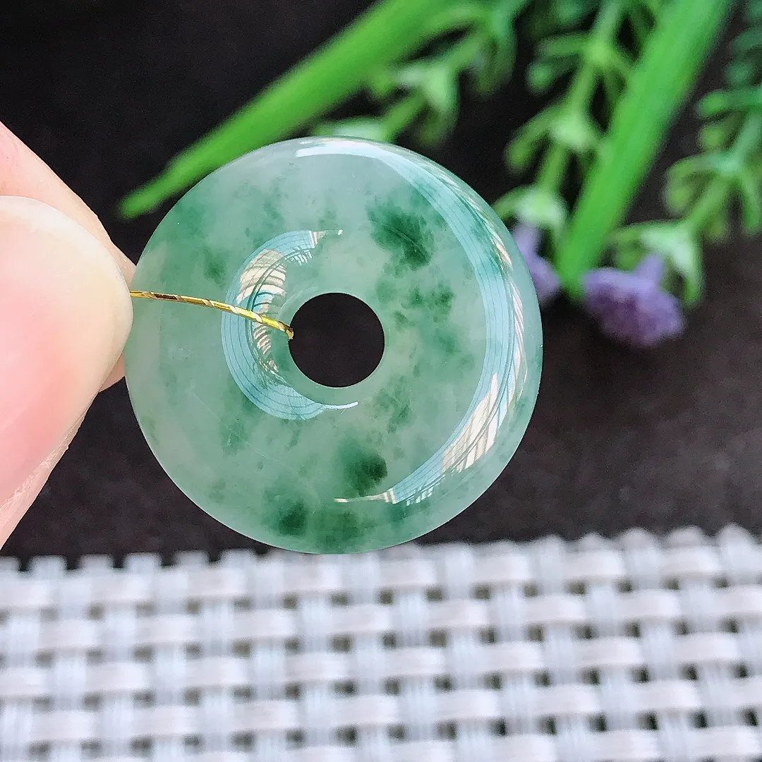 实拍A货翡翠23.8/6老坑冰胶水灵飘花玉环吊坠翡翠平安扣挂件