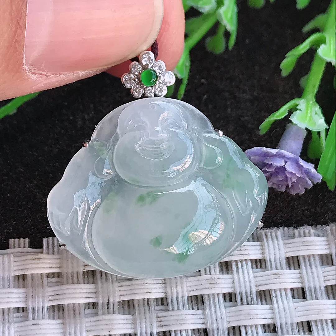 实拍A货翡翠26.6/26/9.7老坑18k金镶嵌冰胶果冻冰飘花佛公吊坠翡翠玉佛挂件