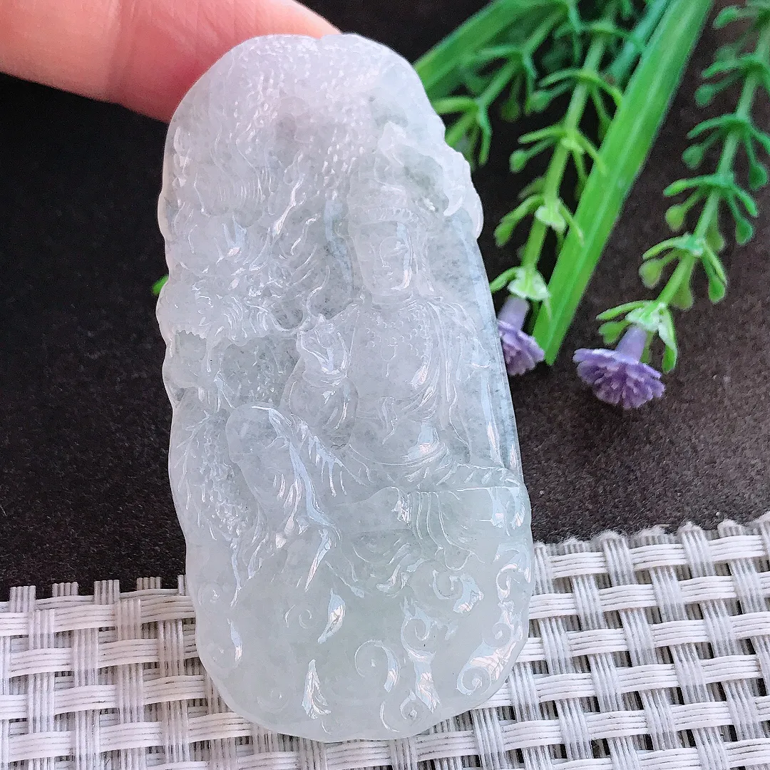 实拍A货翡翠68/33/6老坑秀气冰透御龙观音吊坠翡翠玉观音挂件