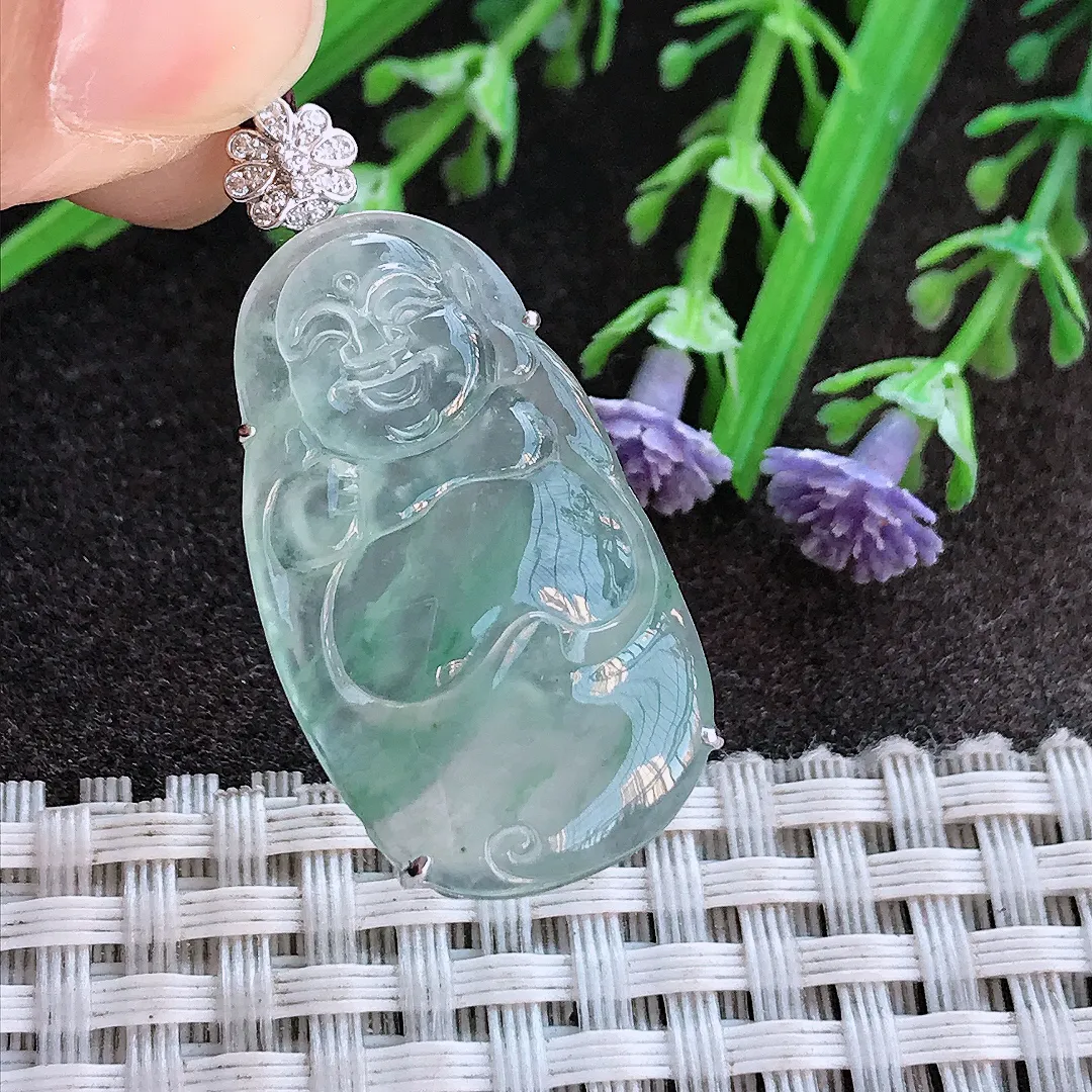 实拍A货翡翠37.2/18/6老坑18k金镶嵌冰种果冻佛公吊坠翡翠布袋佛挂件