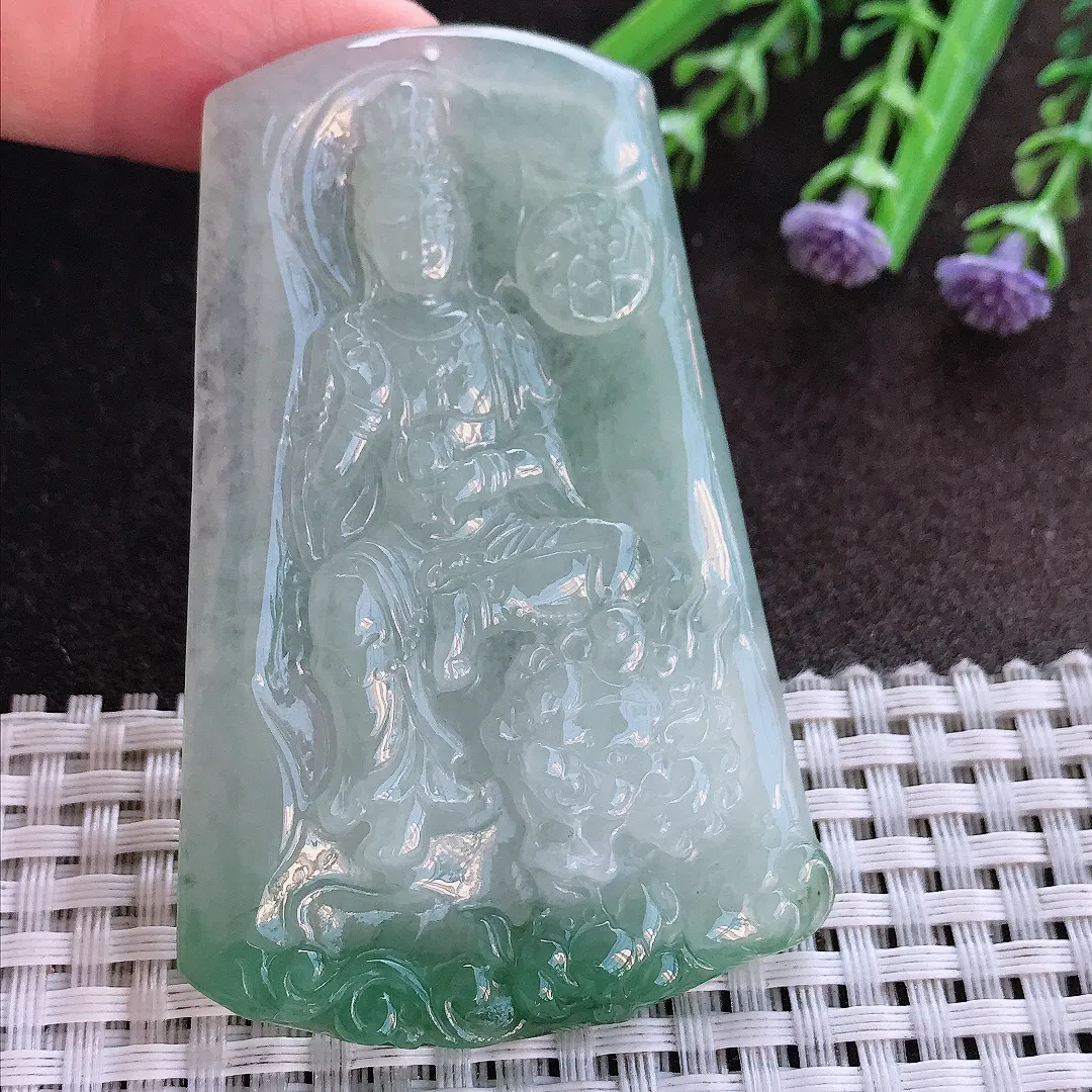 实拍A货翡翠70/45/5.6老坑秀气冰润飘花文殊菩萨吊坠翡翠挂件