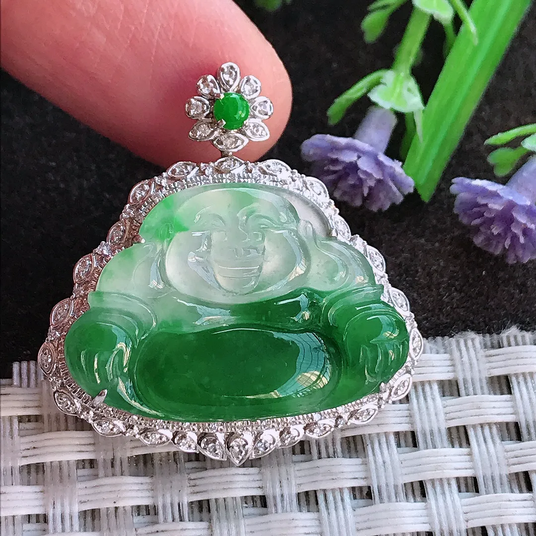 实拍A货翡翠30.6/29.8/8老坑18k金镶嵌冰阳绿佛公吊坠翡翠挂件