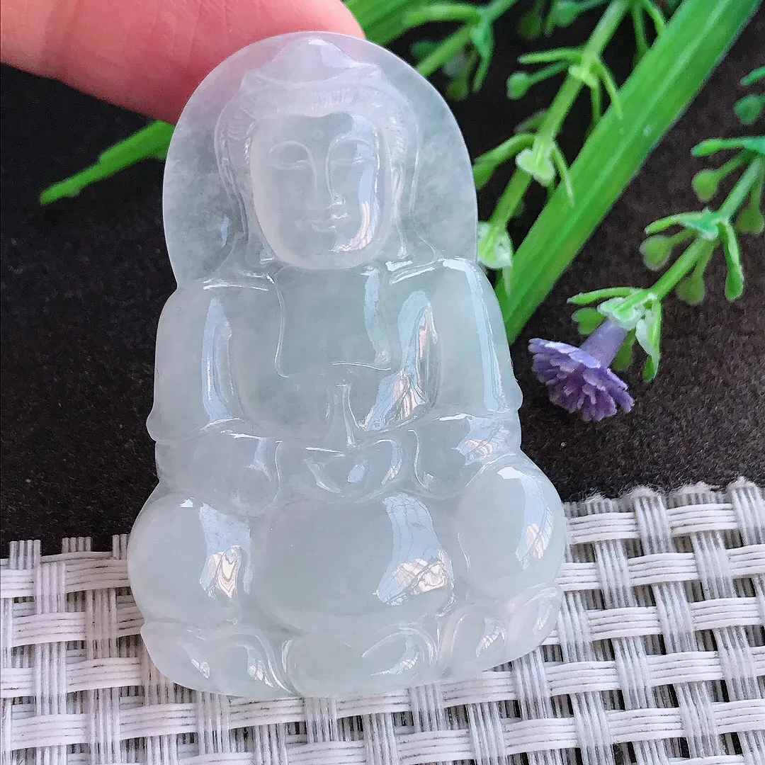 实拍A货翡翠52.5/34.3/4.8老坑冰透起胶正装观音吊坠翡翠挂件