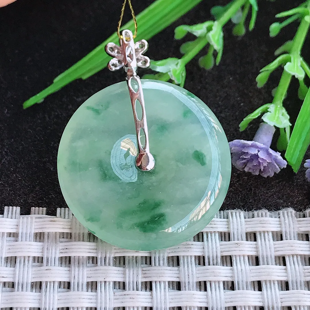 实拍A货翡翠27.2/5老坑18k金镶嵌冰胶水灵冰晴飘花平安扣吊坠翡翠挂件