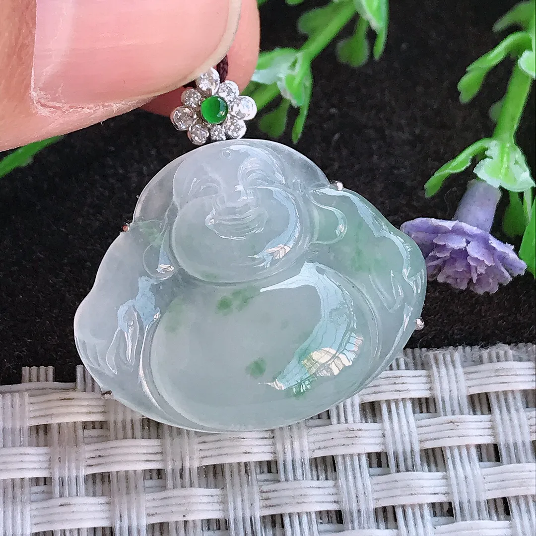 实拍A货翡翠26.6/26/9.7老坑18k金镶嵌冰胶果冻冰飘花佛公吊坠翡翠玉佛挂件