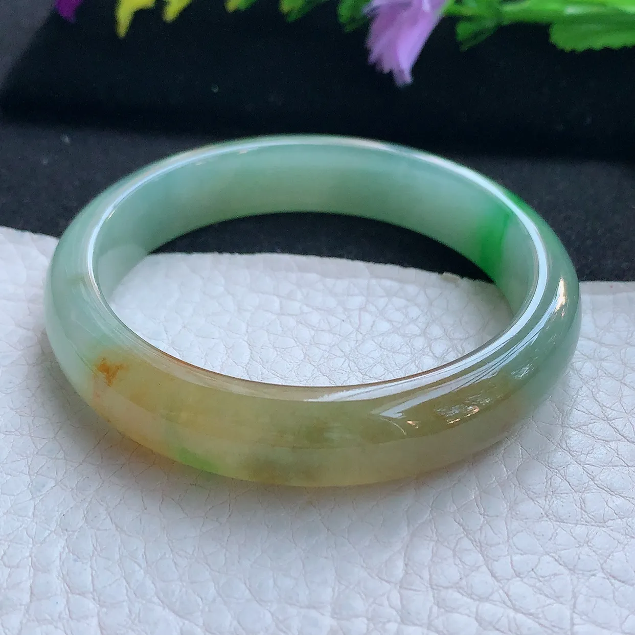 h小圈口52.5*11.6*7平安镯 天然缅甸翡翠玉手镯冰三彩宽边玉手环