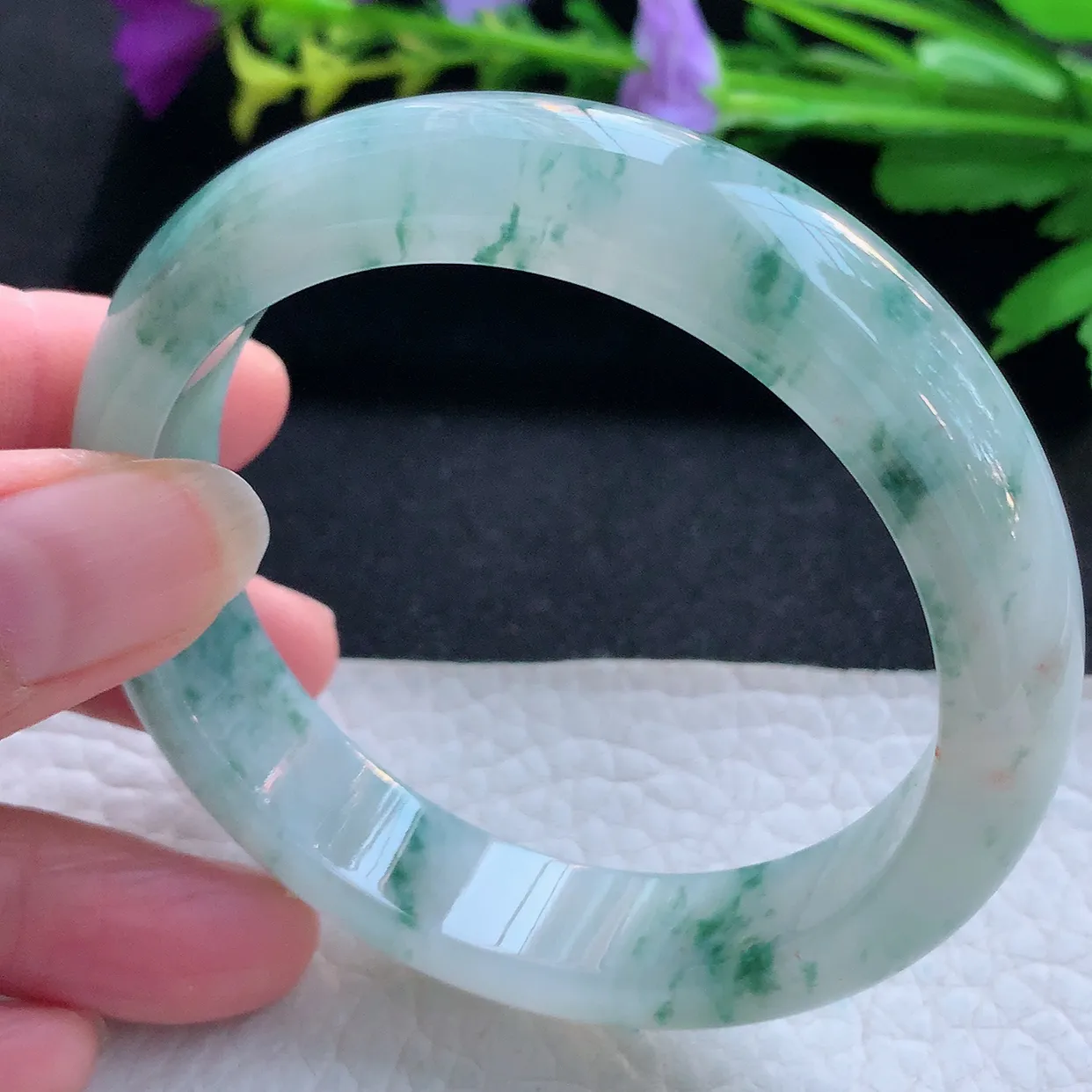 jl实拍56.5*13*8平安镯 天然缅甸翡翠玉手镯冰飘花飘逸宽边玉手环