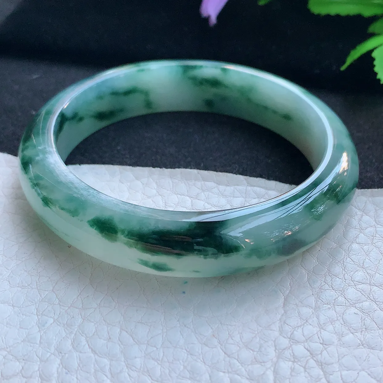 nr实拍56.5*13*8平安镯 天然缅甸翡翠玉手镯冰飘蓝花厚装宽边玉手环