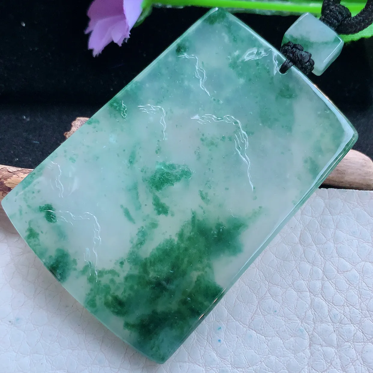 yl实拍65.8*45.2*5.8缅甸翡翠精雕冰飘花山水 大好河山玉挂件