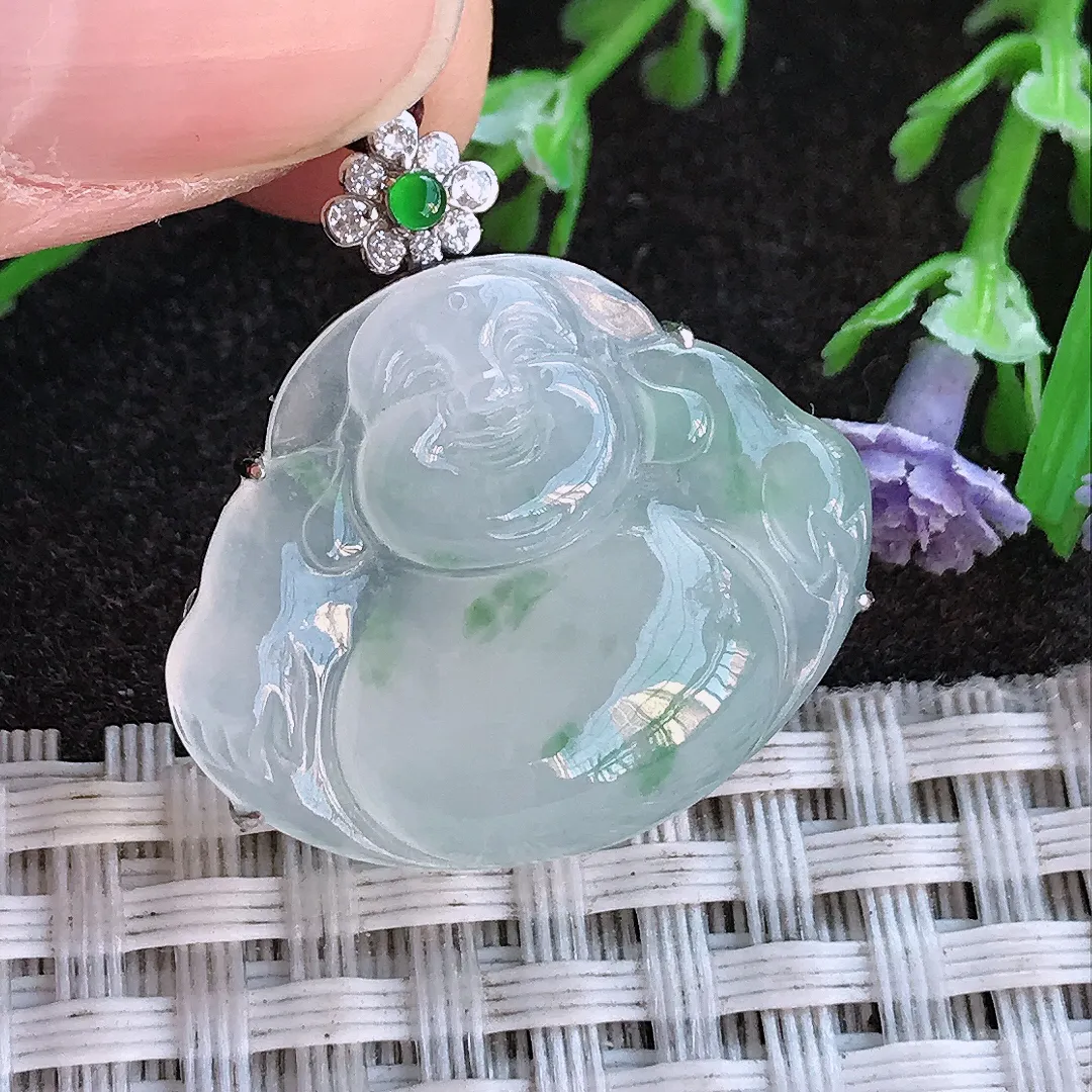 实拍A货翡翠26.6/26/9.7老坑18k金镶嵌冰胶果冻冰飘花佛公吊坠翡翠玉佛挂件