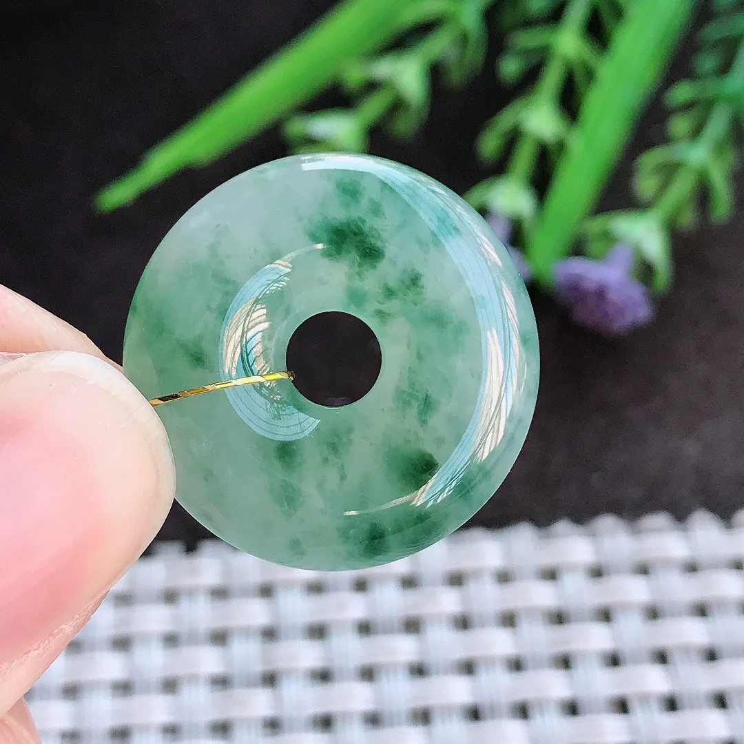 实拍A货翡翠23.8/6老坑冰胶水灵飘花玉环吊坠翡翠平安扣挂件