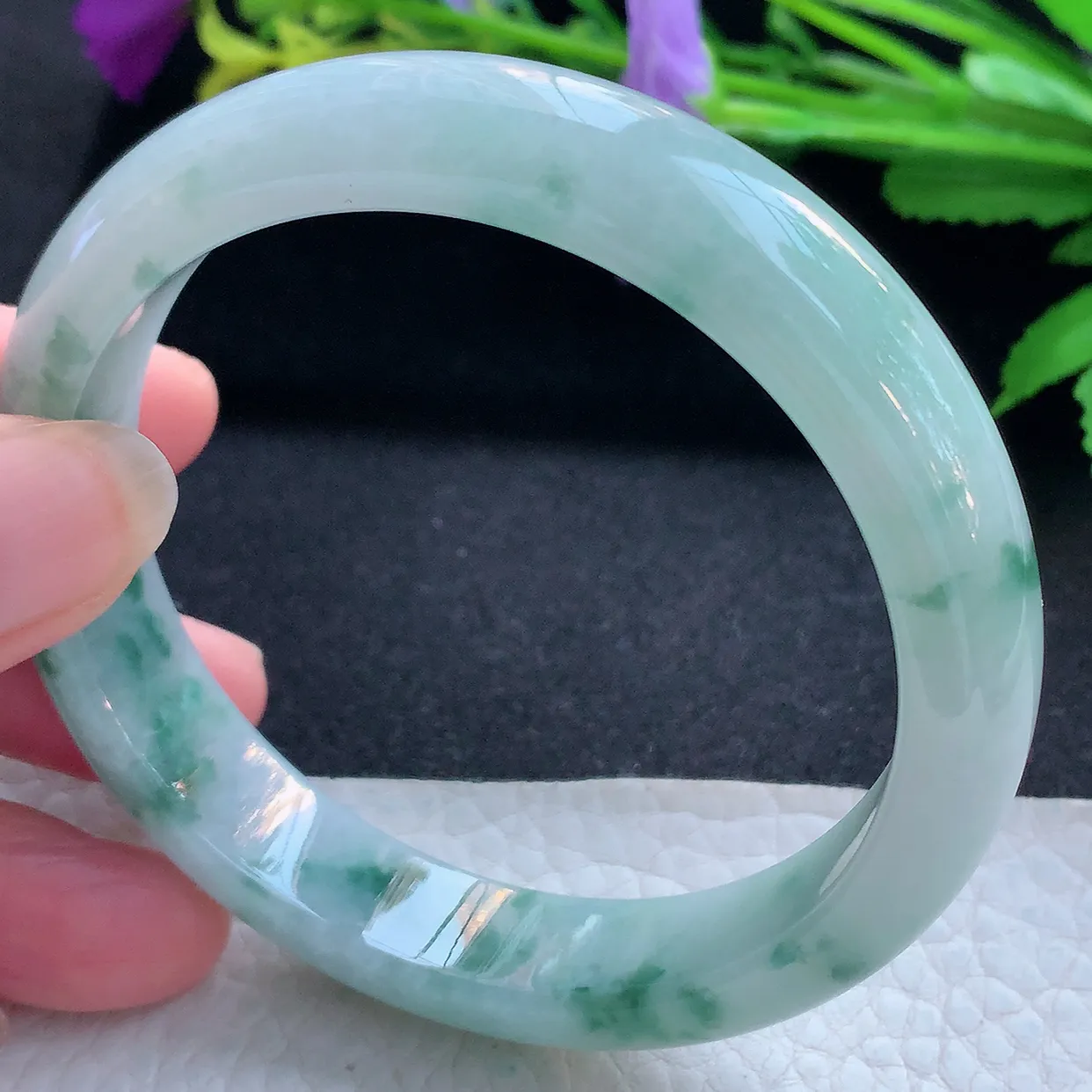 nr大圈口60*13*7.8平安镯 天然缅甸翡翠玉手镯冰飘蓝花宽边玉手环