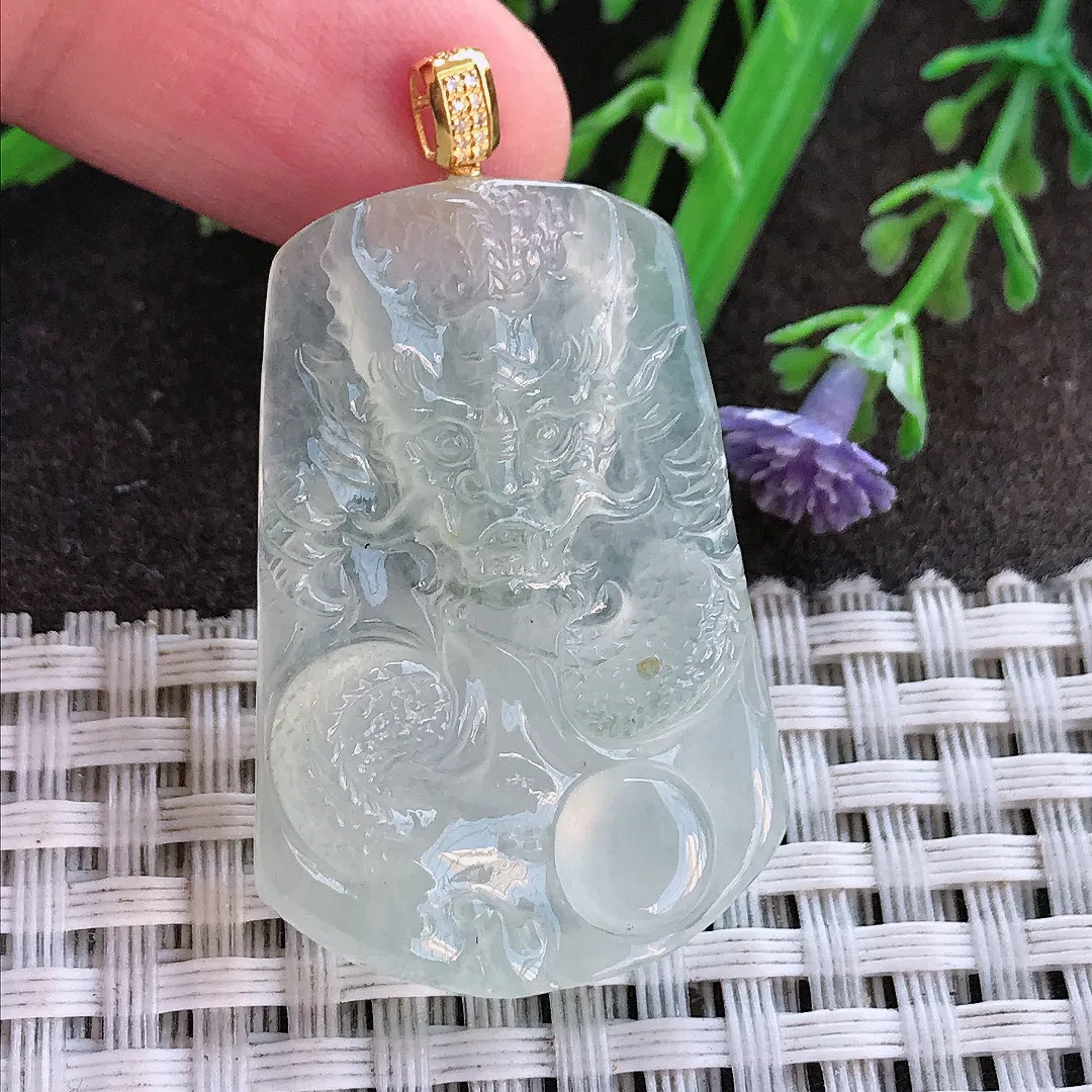 实拍A货翡翠38/25/4.8老坑18k金镶嵌冰种冰晴龙牌吊坠翡翠挂件