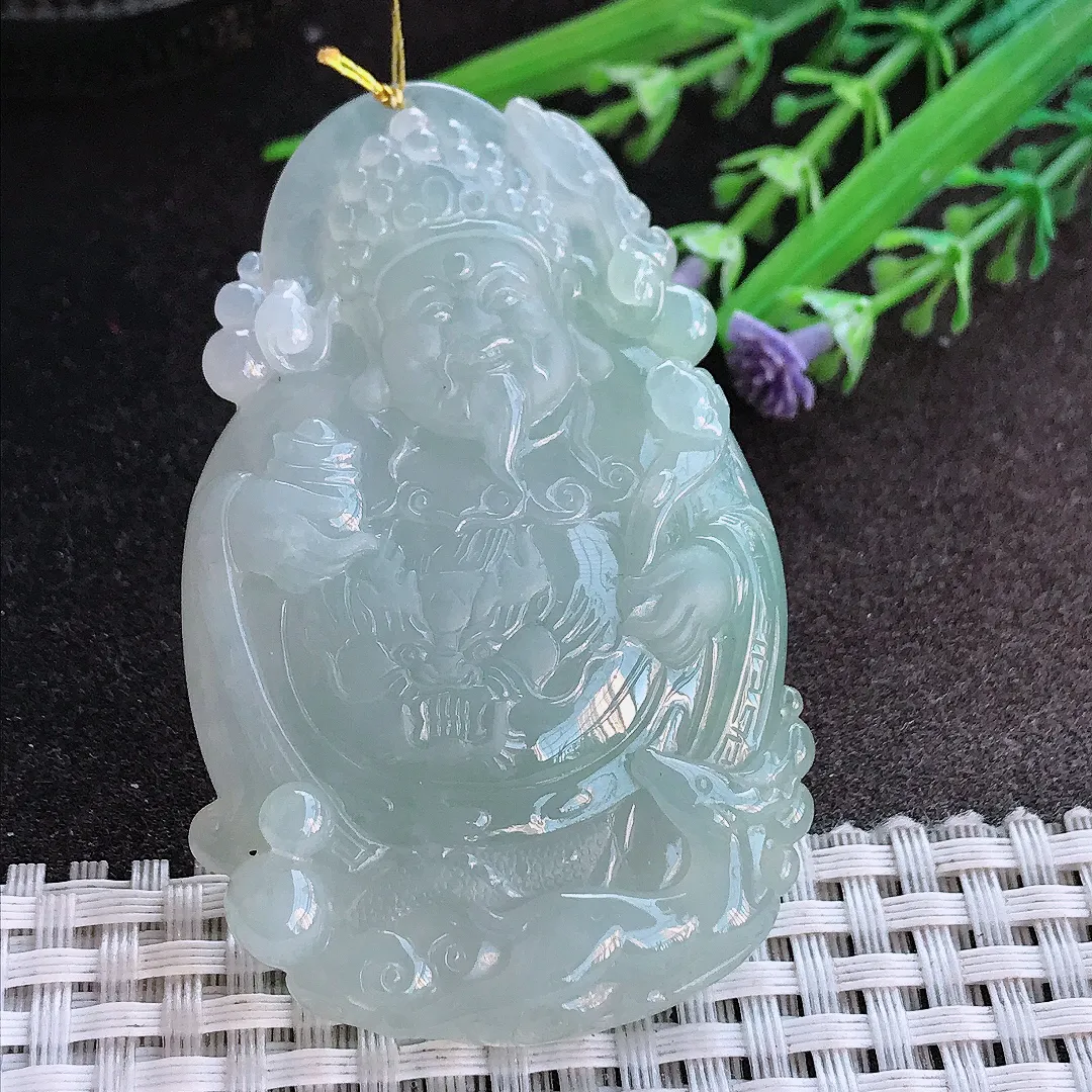 实拍A货翡翠65.3/40/8老坑冰润起胶财神爷吊坠翡翠挂件