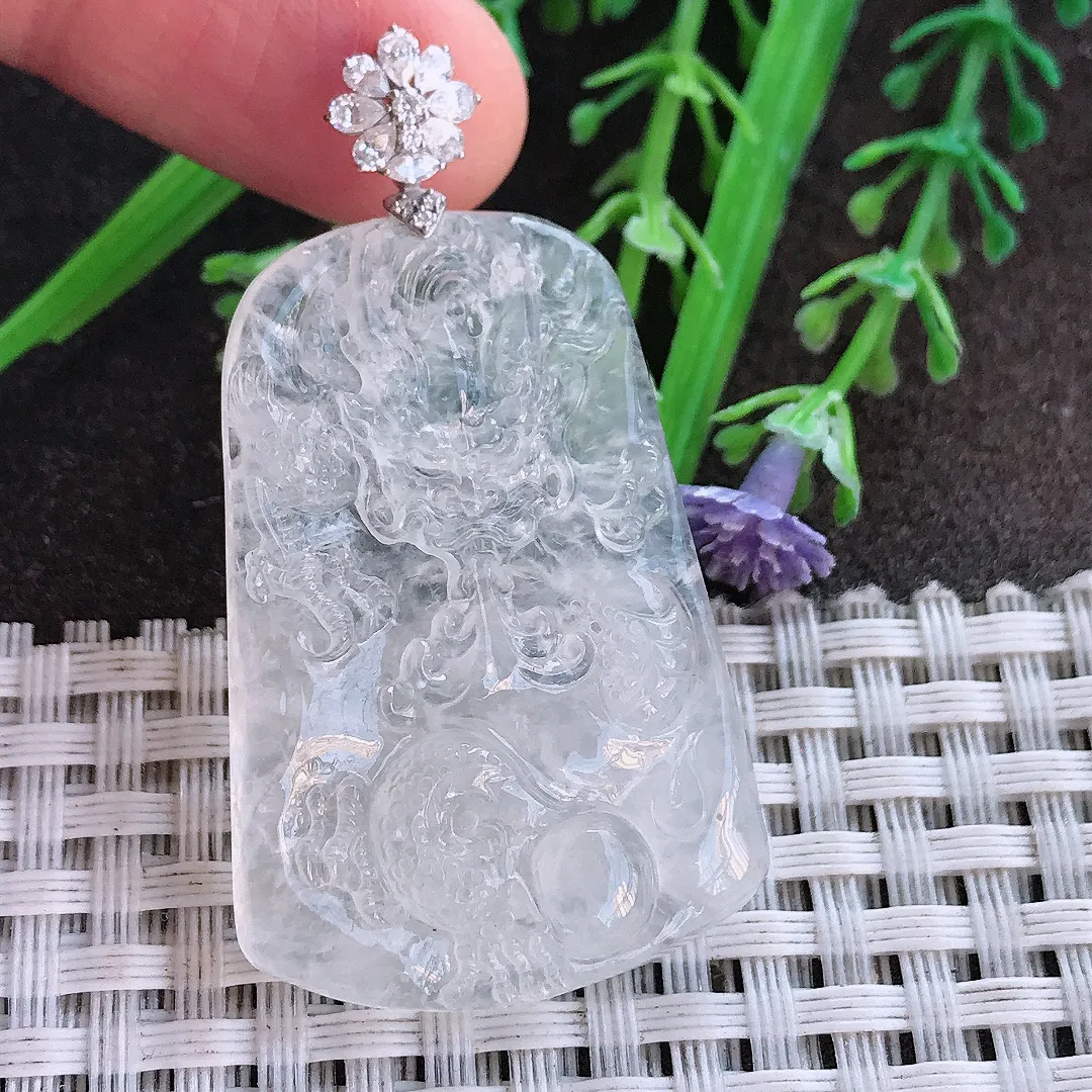 实拍A货翡翠40.5/27.5/5老坑18k金镶嵌冰种龙牌吊坠翡翠挂件