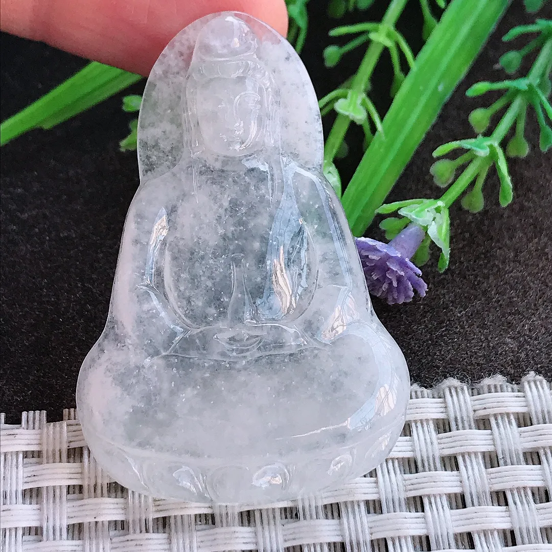 实拍A货翡翠49.5/33/4.5老坑冰透素衣观音吊坠翡翠挂件