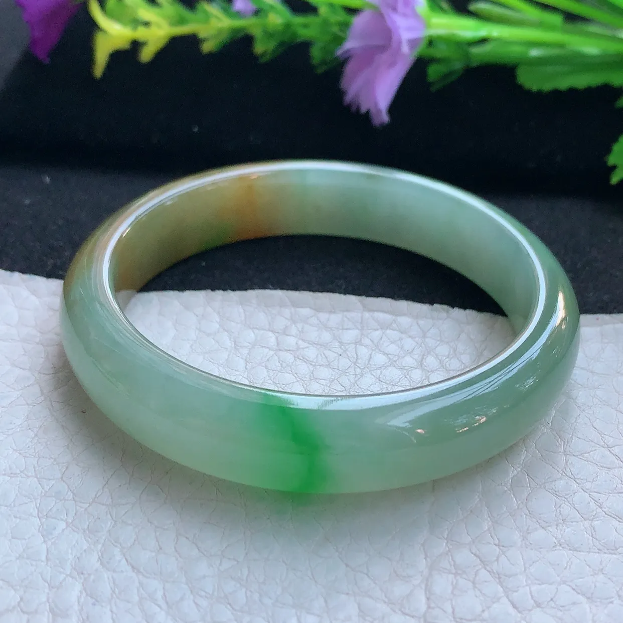 h小圈口52.5*11.6*7平安镯 天然缅甸翡翠玉手镯冰三彩宽边玉手环
