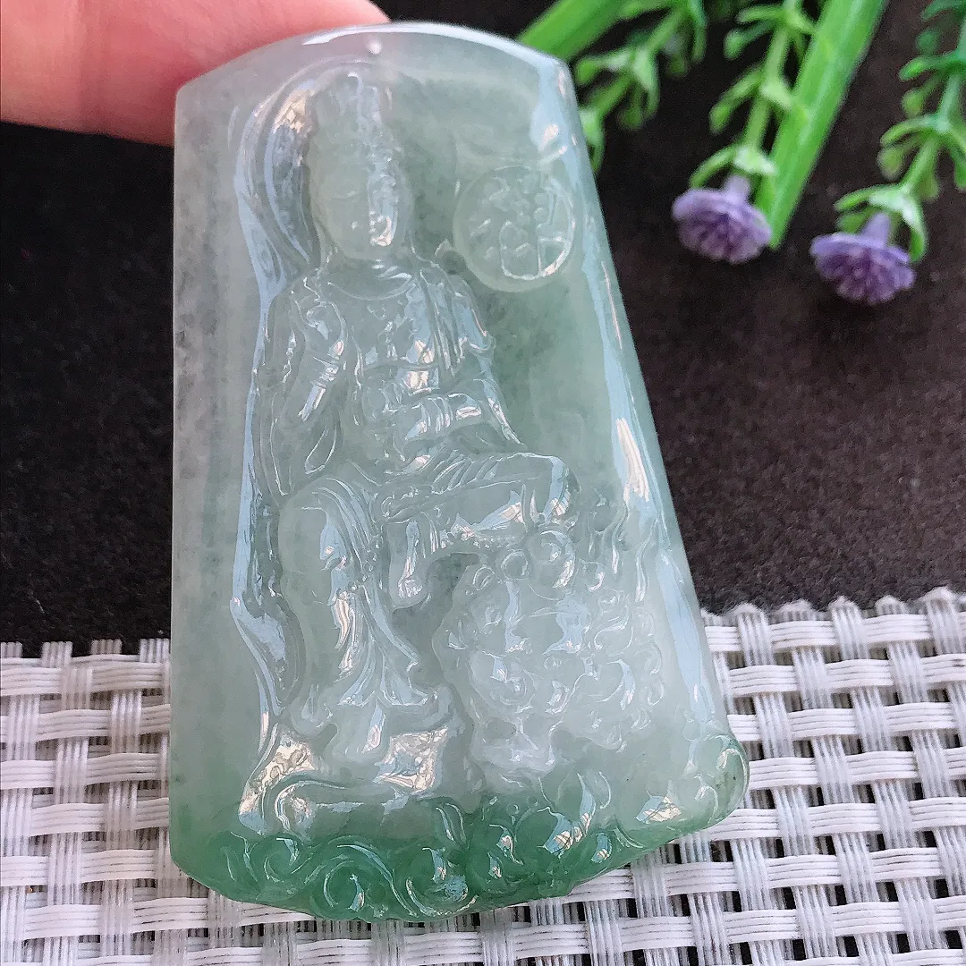 实拍A货翡翠70/45/5.6老坑秀气冰润飘花文殊菩萨吊坠翡翠挂件