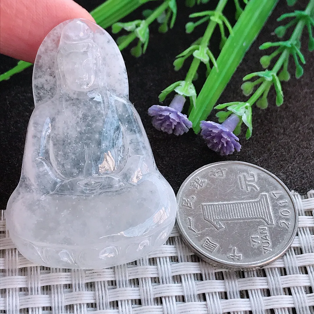 实拍A货翡翠49.5/33/4.5老坑冰透素衣观音吊坠翡翠挂件