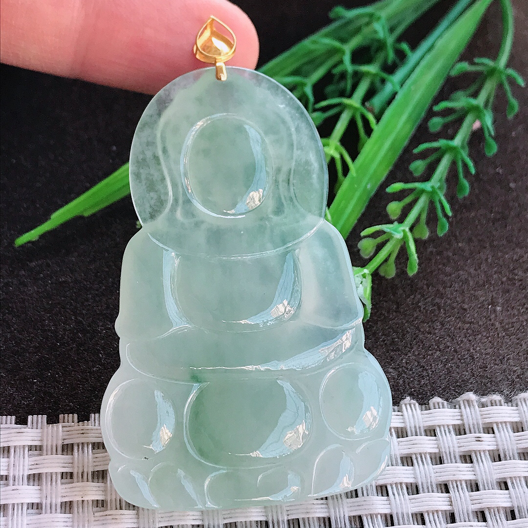 实拍A货翡翠59/38.5/5.8老坑18k金镶嵌冰胶冰晴绿正装观音吊坠翡翠挂件