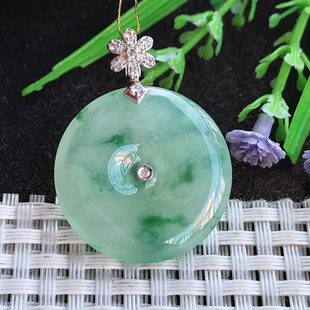 实拍A货翡翠27.2/5老坑18k金镶嵌冰胶水灵冰晴飘花平安扣吊坠翡翠挂件