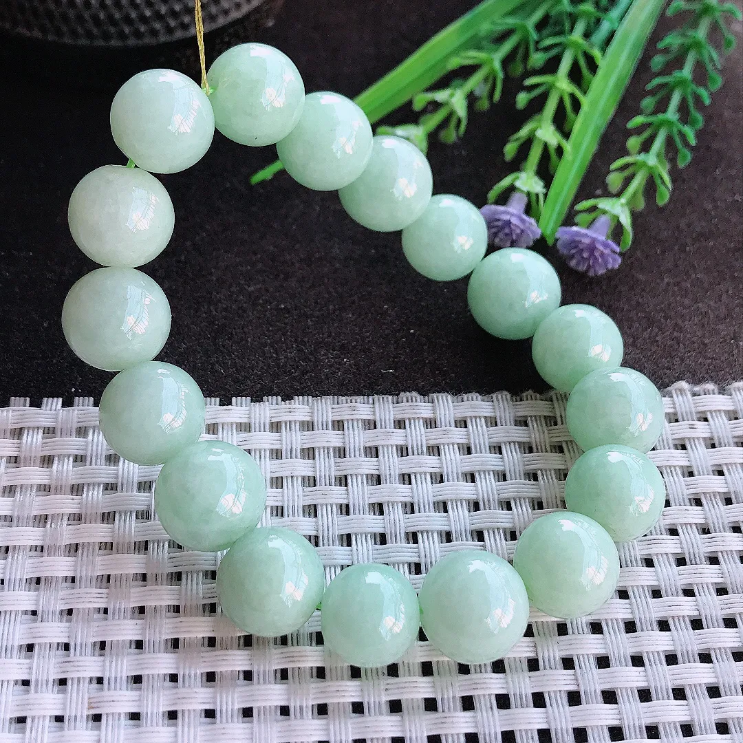 实拍A货翡翠12.5/17颗老坑清秀温润浅绿色圆珠手链翡翠玉珠手串