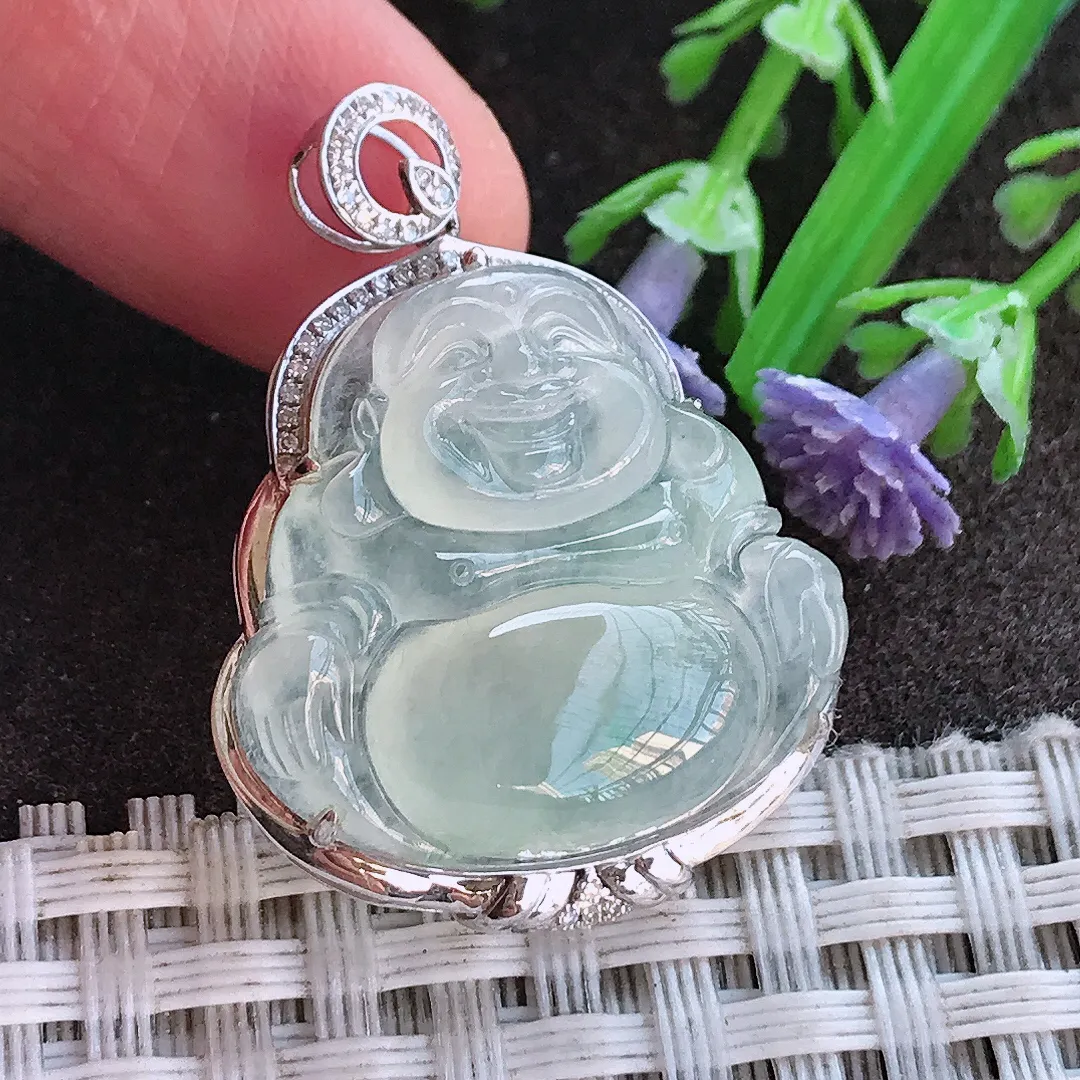 实拍A货翡翠32.6/24.8/8.5老坑18k金镶嵌冰种佛公吊坠翡翠玉佛挂件