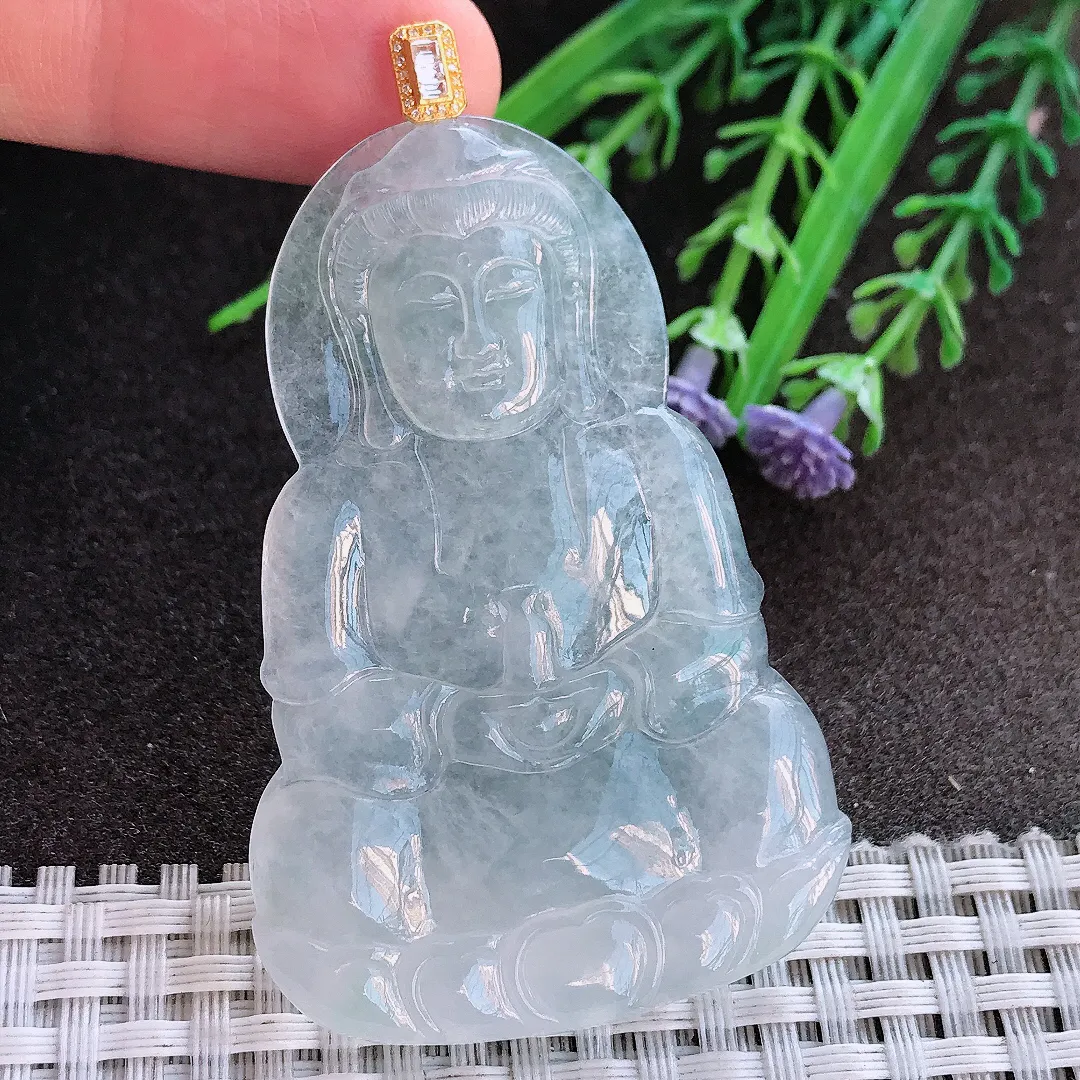 实拍A货翡翠59.5/39.8/4.2老坑冰透起胶白冰观音吊坠翡翠挂件