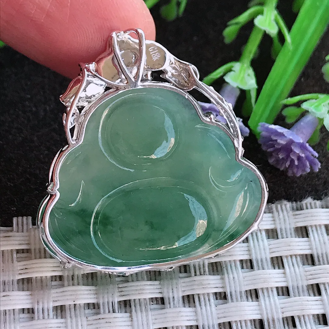 实拍A货翡翠30.8/29.8/8老坑18k金镶嵌冰胶果冻满色飘花佛公吊坠翡翠挂件