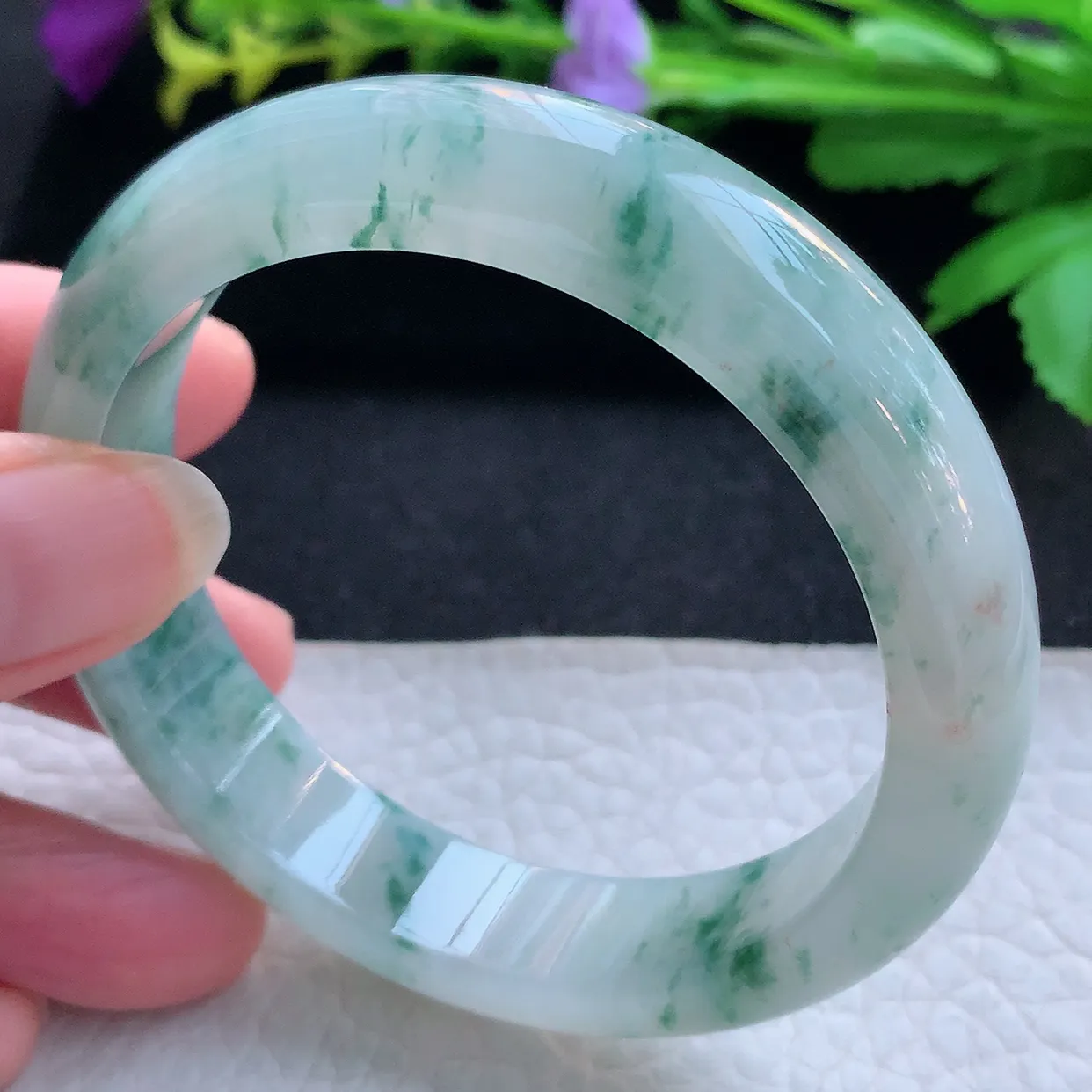 jl实拍56.5*13*8平安镯 天然缅甸翡翠玉手镯冰飘花飘逸宽边玉手环
