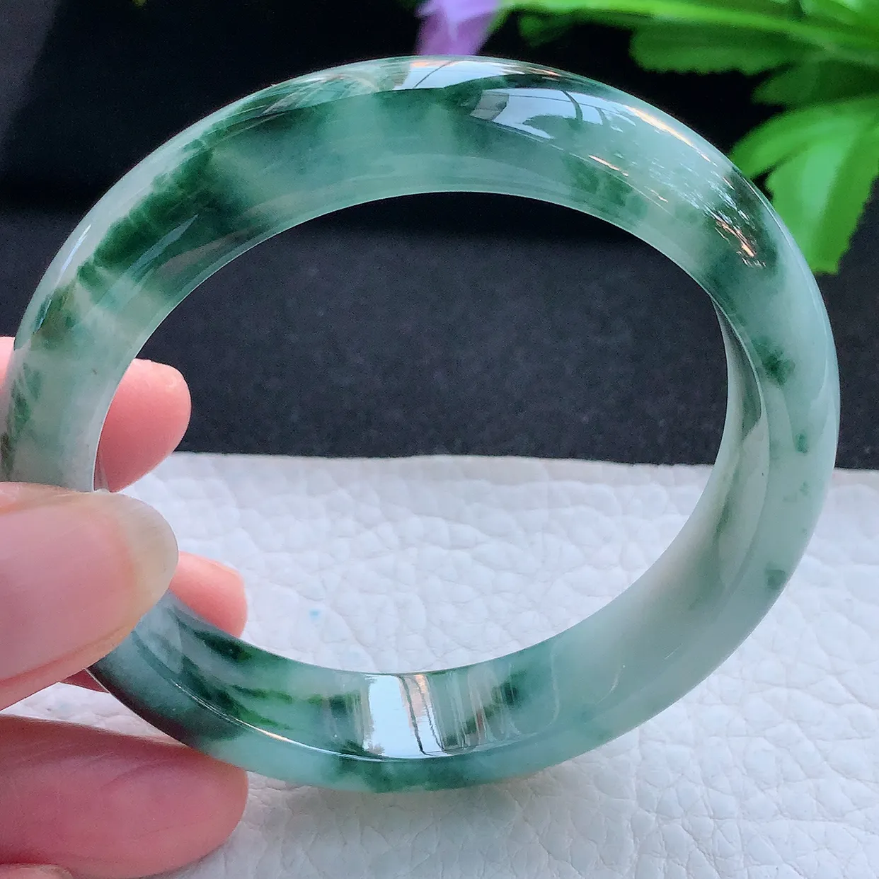 nr实拍56.5*13*8平安镯 天然缅甸翡翠玉手镯冰飘蓝花厚装宽边玉手环