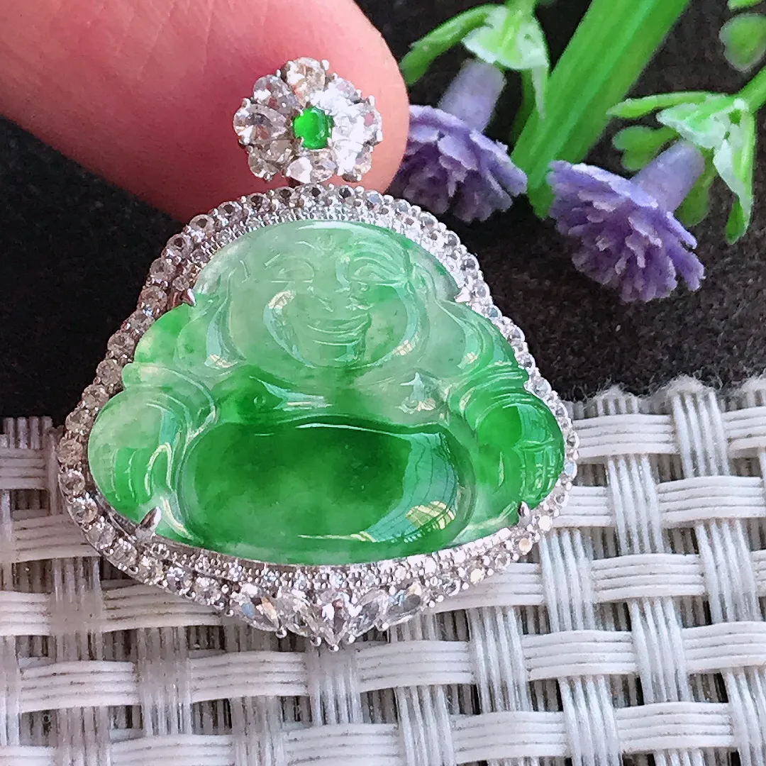 实拍A货翡翠29.5/26/8.2老坑18k金镶嵌冰阳绿佛公吊坠翡翠挂件