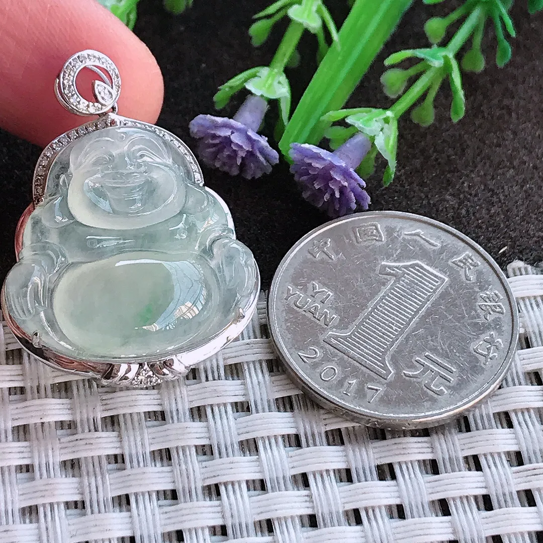 实拍A货翡翠32.6/24.8/8.5老坑18k金镶嵌冰种佛公吊坠翡翠玉佛挂件