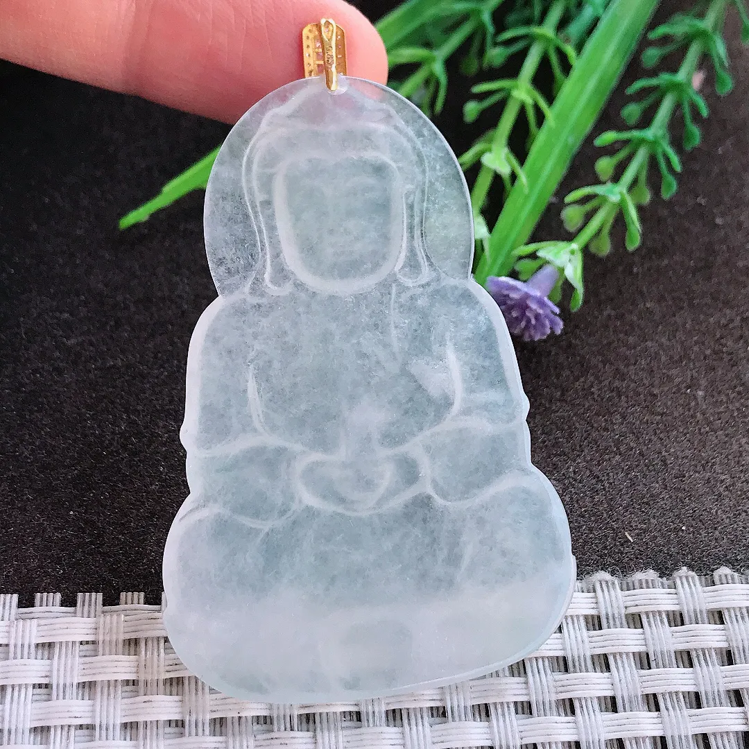实拍A货翡翠59.5/39.8/4.2老坑冰透起胶白冰观音吊坠翡翠挂件