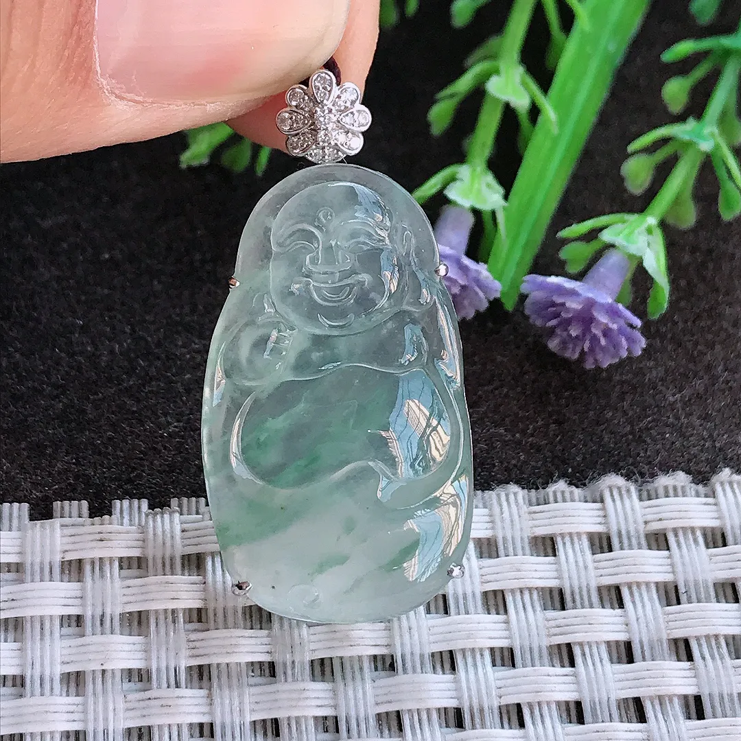 实拍A货翡翠37.2/18/6老坑18k金镶嵌冰种果冻佛公吊坠翡翠布袋佛挂件