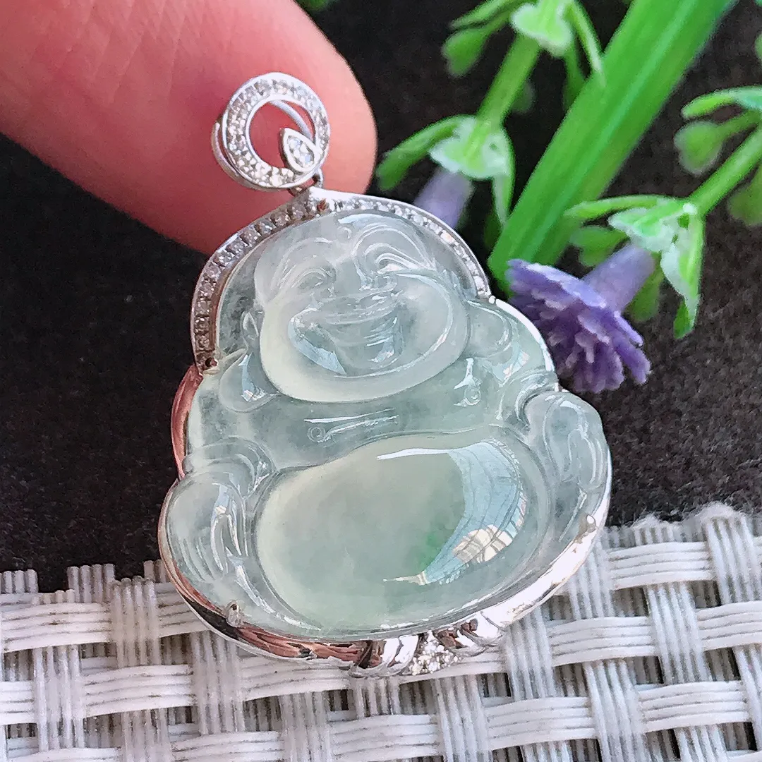 实拍A货翡翠32.6/24.8/8.5老坑18k金镶嵌冰种佛公吊坠翡翠玉佛挂件