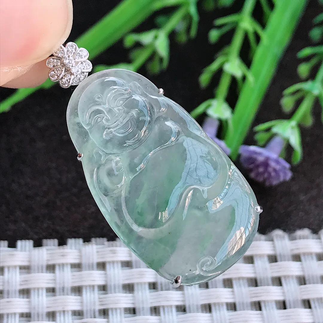 实拍A货翡翠37.2/18/6老坑18k金镶嵌冰种果冻佛公吊坠翡翠布袋佛挂件