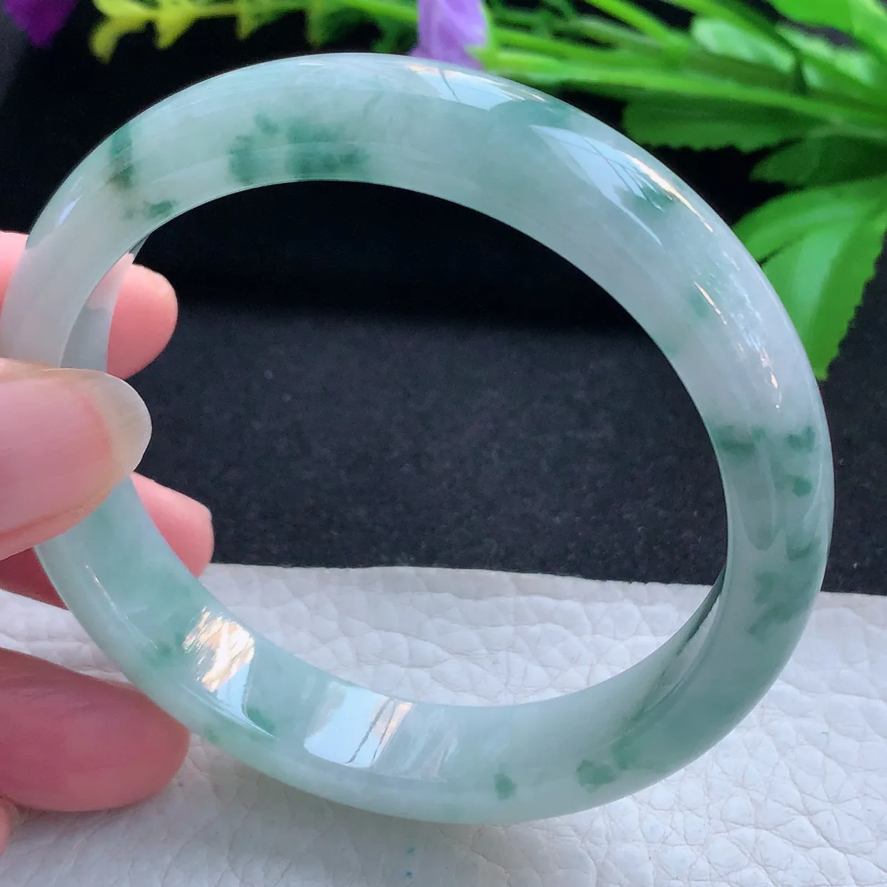 nr大圈口60*13*7.8平安镯 天然缅甸翡翠玉手镯冰飘蓝花宽边玉手环