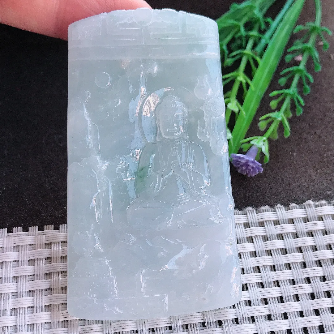 实拍A货翡翠76/42/5.4老坑冰润起胶大日如来佛祖吊坠山水如来