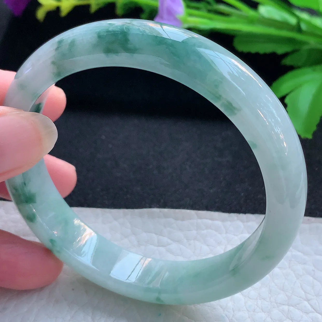 nr大圈口60*13*7.8平安镯 天然缅甸翡翠玉手镯冰飘蓝花宽边玉手环